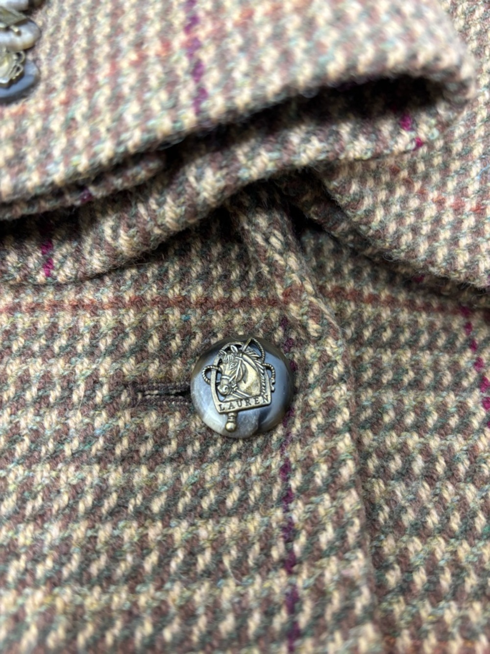 Ralph Lauren Vintage Wool Blend Tan & Brown Plaid‎ Tailored Blazer Horse buttons - Picture 6 of 16